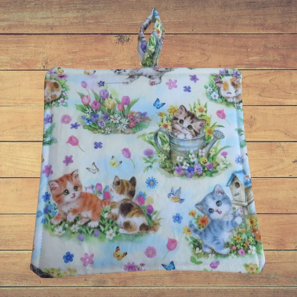 Handmade Potholder, Kittens and Flowers